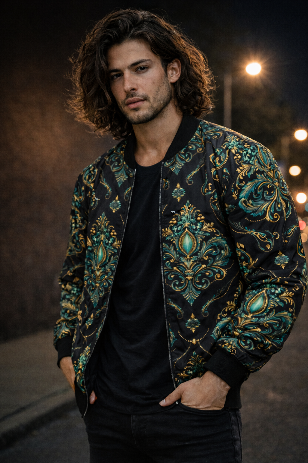 Fleur-de-Lis Pattern Bomber Jacket