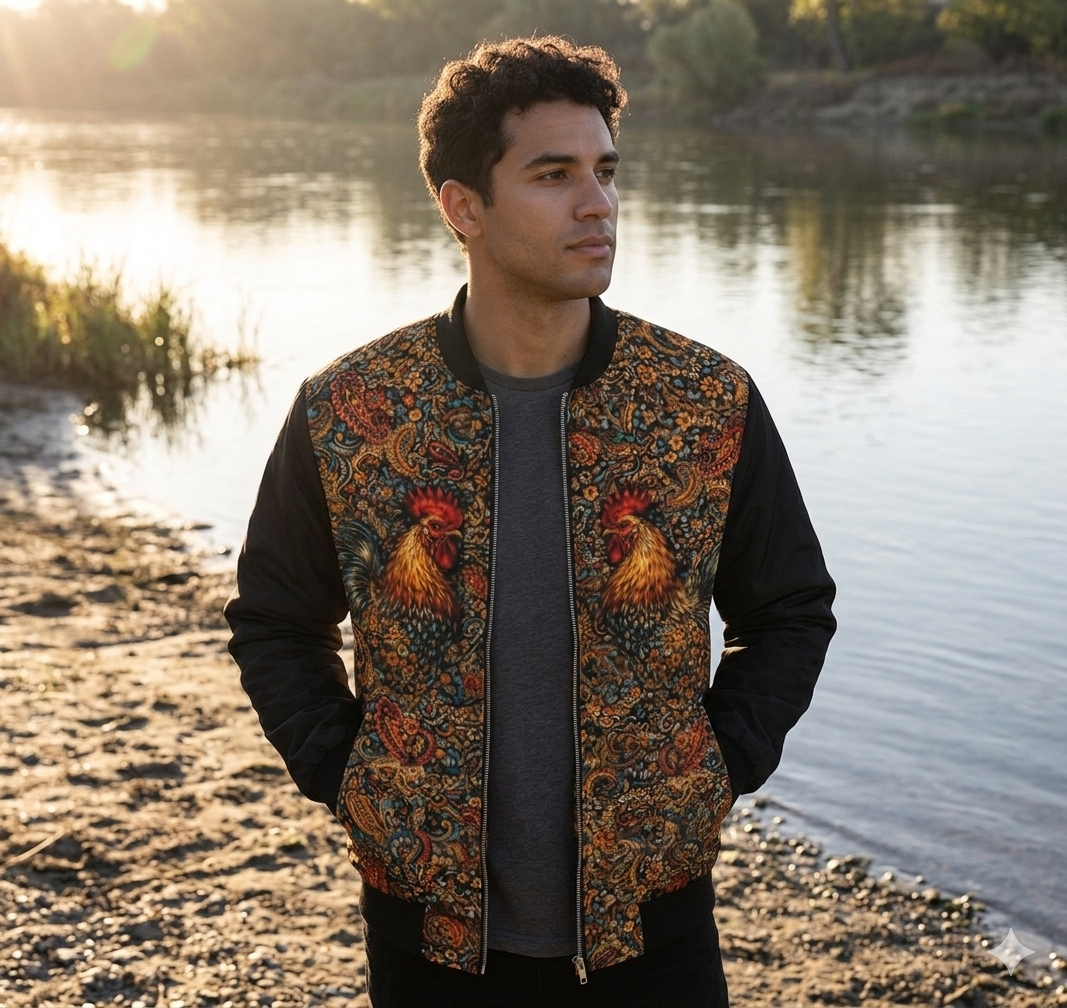 Rooster Paisley Bomber Jacket — Vintage Floral Men’s AOP Jacket