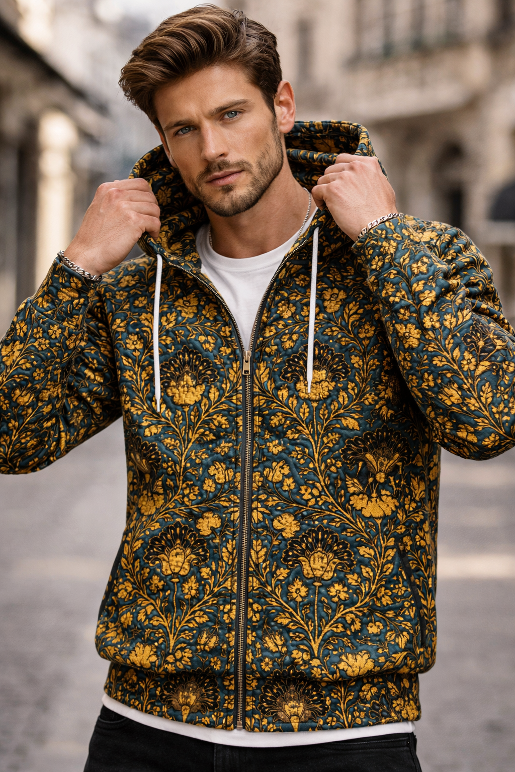 Floral Damask Full‑Zip Hoodie