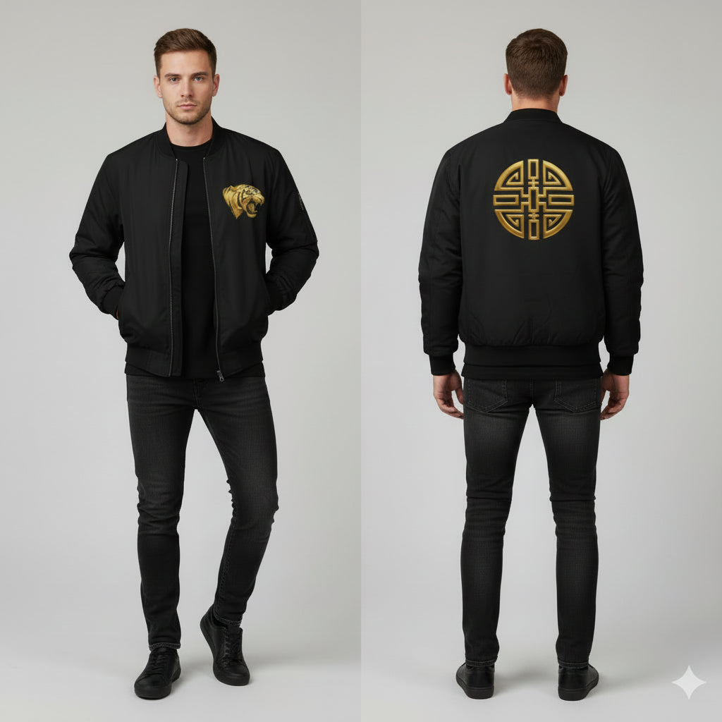 Gold Tiger Drip Bomber Jacket front and back mockup