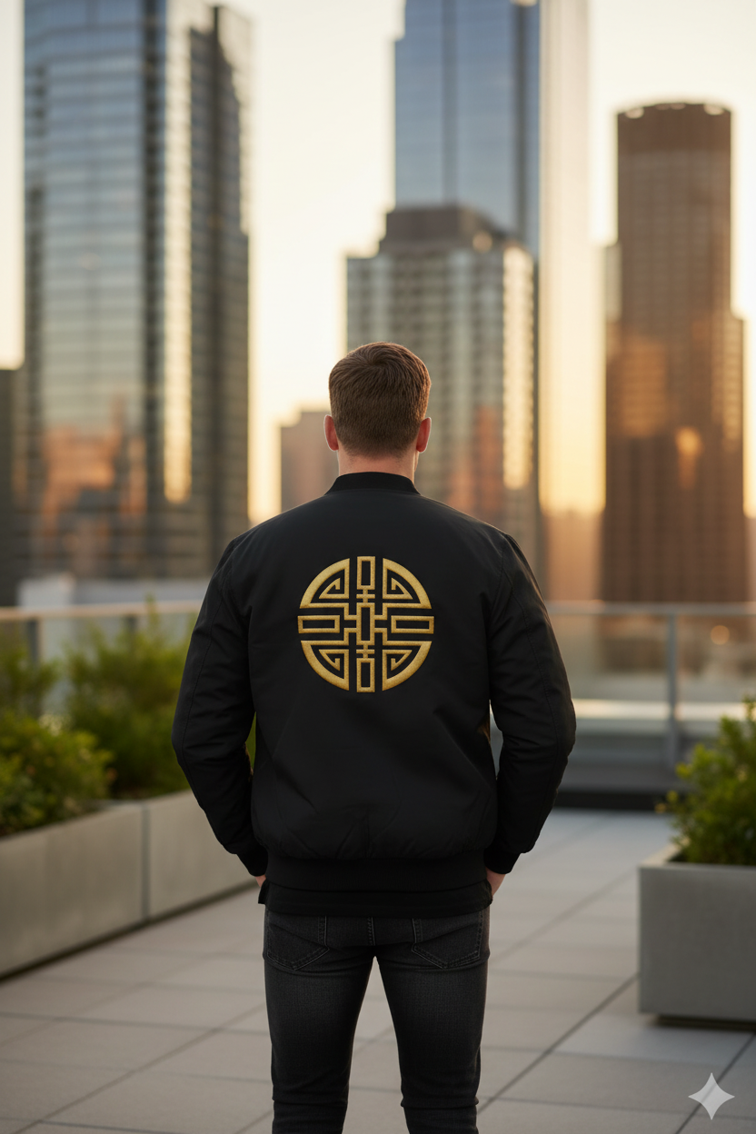 Model wearing 4 Eyed Tiger Bomber Jacket - lifestyle back view