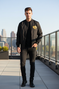 Model wearing 4 Eyed Tiger Bomber Jacket - lifestyle front view