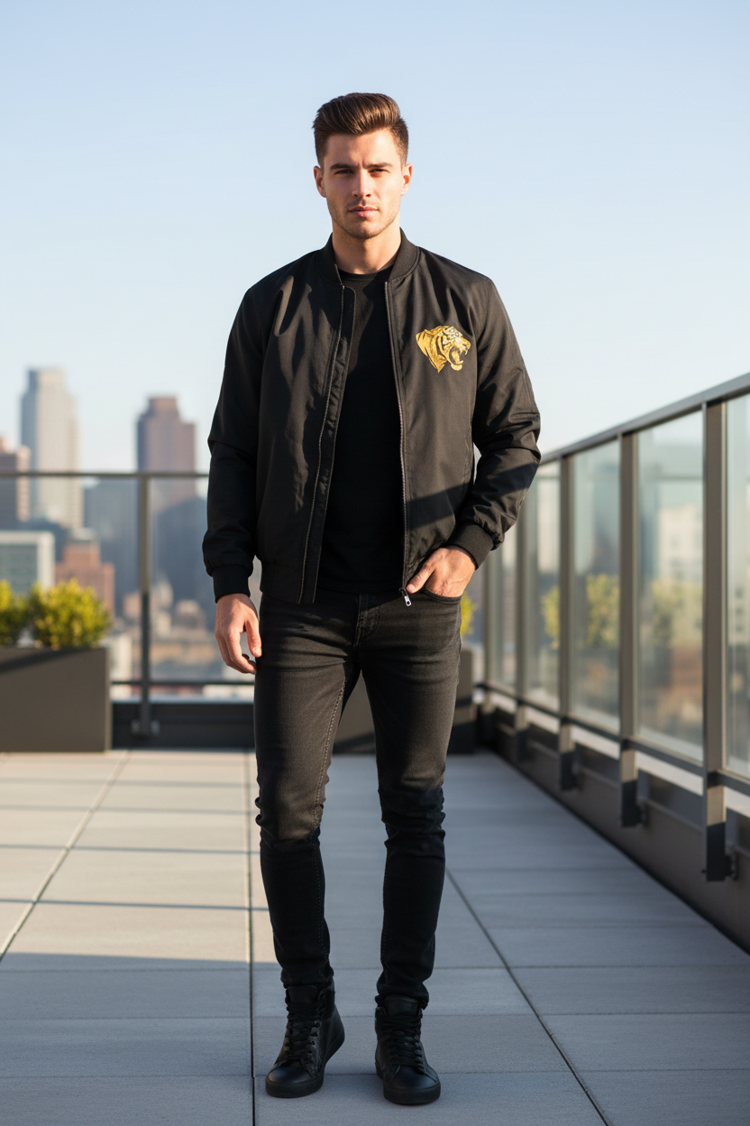 Model wearing 4 Eyed Tiger Bomber Jacket - lifestyle front view