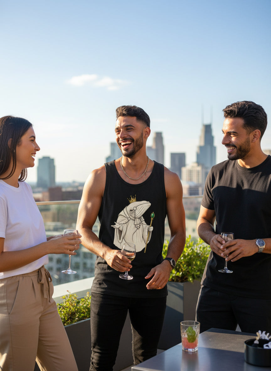 Latino male model wearing the Whale King Tank at a rooftop day party with friends